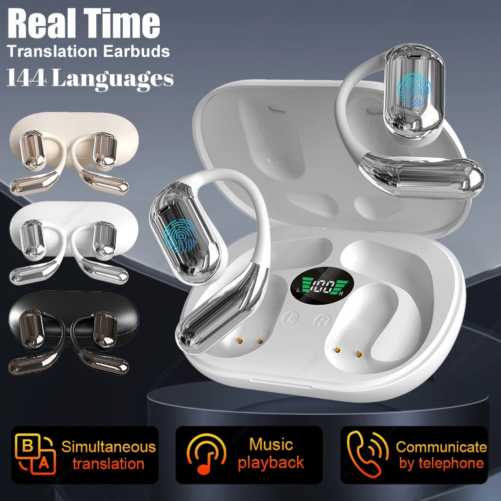 144 Languages Real Time AI Translator Earbuds Wireless Wireless Bluetooth5.3 Open Ear Headphones for Travel Business Learning