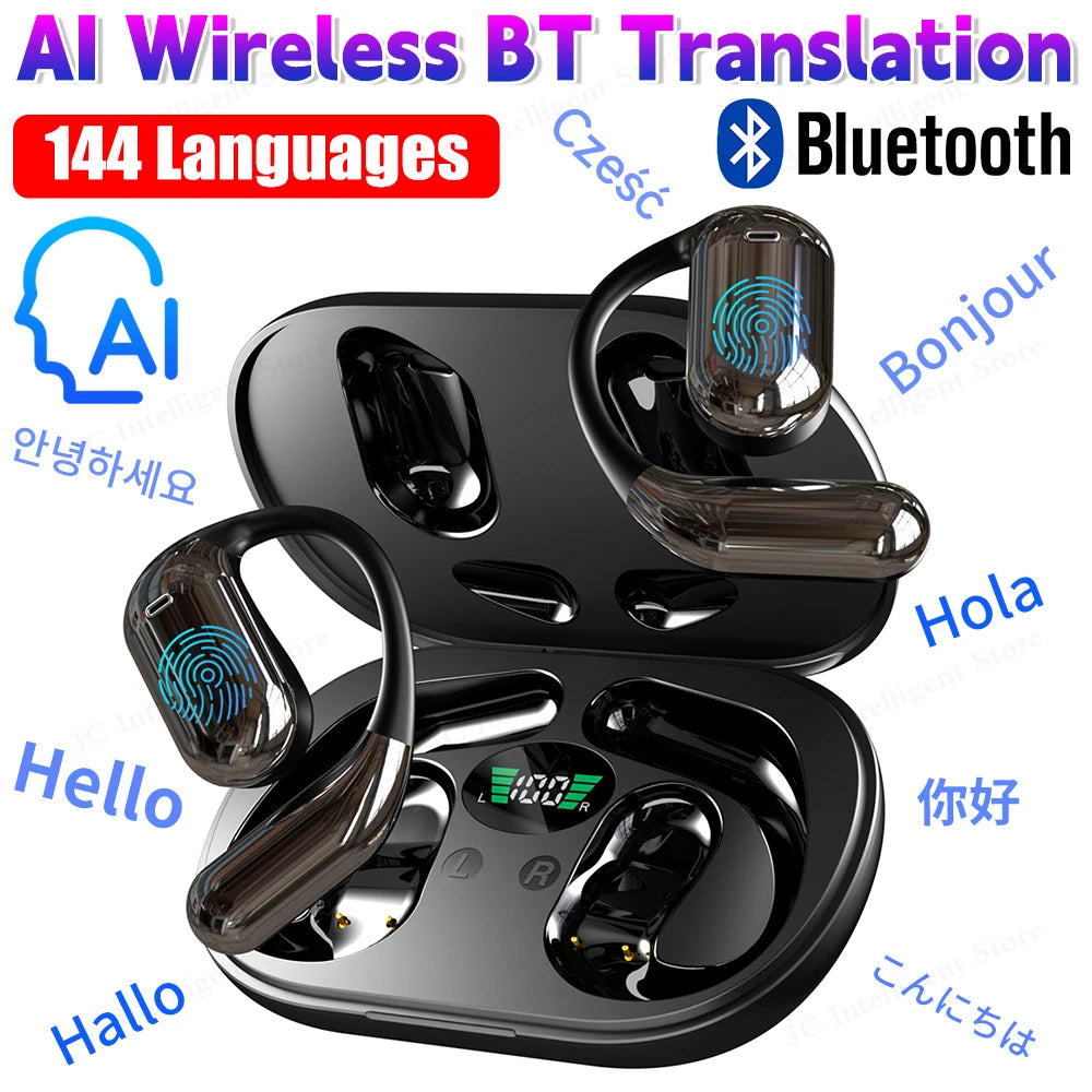 144 Languages Real Time AI Translator Earbuds Wireless Wireless Bluetooth5.3 Open Ear Headphones for Travel Business Learning